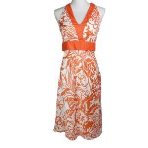 Harold’s Y2K Vintage Halter Fit and Flare Dress Sundress Tropical Orange White 2